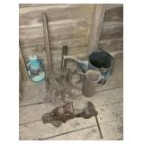 Lantern, oil, cans, vice shoe, lads