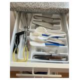 Miscellaneous kitchen, utensils, and towels