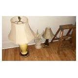 Two lamps and figurine lot with step ladder