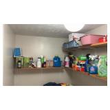 Laundry room shelving contents and laundry basket