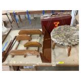 Wood shelves, stool, suit case