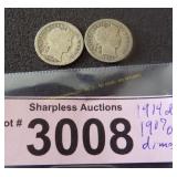 1914 D and 1907 O Barber silver dimes