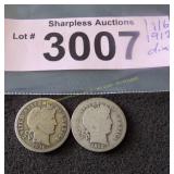 1916 and 1912 Barber silver dimes