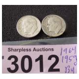 Uncirculated 1959 D and 1964 Roosevelt silver