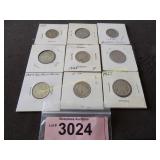 Nine Buffalo nickels