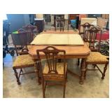 Antique wood table, 6 chairs, leaves