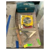 Saw blades, tool box, square