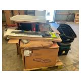 Plastic totes, desk, shelves
