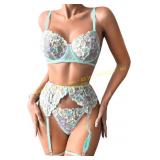 EHSUYAB 4PC Classy Lingerie, Floral Embroidery Sz