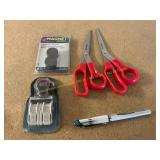 Assorted Office Supplies: Scissors, Stamp, Magnets