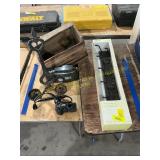 Wood box, hook and rail, cameras, candle holder