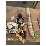 Clock, racket, belt, glass ware