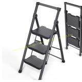 KINGRACK 3 Step Ladder Folding, 900lbs Black