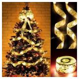 FEQO 49.2ft Gold Xmas Ribbon Lights + Snowflakes