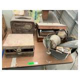 Old radio, trowels, coal bucket, wood box s