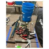 Jumper cables, bike pump, buckets, hand tools