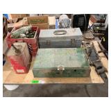 Glass pop bottles, gas can, Colman stove, tool box