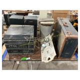 Panasonic stereo, suit case, corner clock shelf
