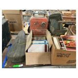 Cook books, wooden fiddle case, doll buggy