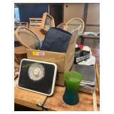 Assorted Rackets, Scale, Baking Pans, Vase