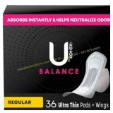 2Ct U by Kotex Balance Ultra Thin Regular Pads 36c
