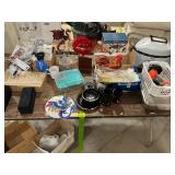 Roaster, assorted colored glassware, baking pan