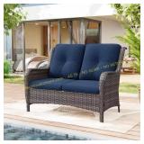 Brown Wicker Outdoor Loveseat with Cushions