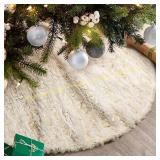 White Faux Fur Tree Skirt with Gold Stripes