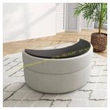 Beige Chenille Half-Crescent Ottoman