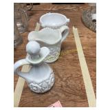 Milk Glass Pitcher, Decanter + Candy Dish