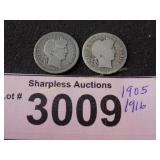 1905 and 1916 Barber silver dimes