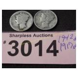 1914 D and 1917 D  Mercury silver dimes