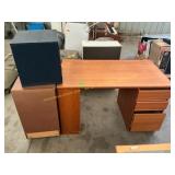 Desk, wooden file cabinet,