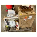 Accent chair, paper towels. Wood shelf, air bed