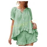 Size M Flygo 2pc Gingham Pajamas, Light Green