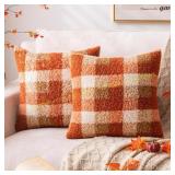 Orange Plaid Fall Pillow Covers 20x20 Set of 2