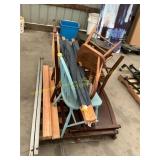 Bed frame, wooden chairs, metal cabinet