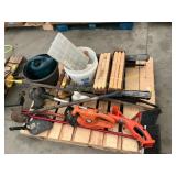 Saw horses, brooms, lawn and garden tools