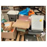 Baby gates, trash can, toys, door mats