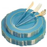 Nervure Teal Plates w/ Gold Rim & Silverware