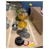 Antique Oil Lamps, Mortar + Pestle, Misc
