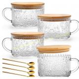 YORY 4-Pack Vintage Glass Mugs with Lids 14oz