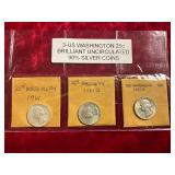 3ct US Washington 25c Brilliant Uncirculated Coins