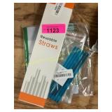 Reusable straws, clear plastic bags, organizer