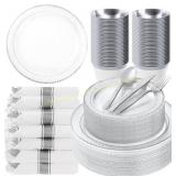 350PCS Clear Plastic Plates with Silver Trim