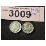 1958 D and 1964 Roosevelt silver dimes