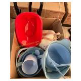 Easter baskets, plastic wheel barrow