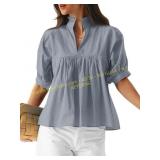 PINK M Cicy Bell Womens Puff Sleeve V-Neck Blouse