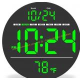 Digital LED Wall Clock with Date & Temp, Green