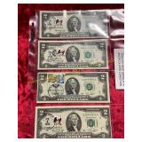 4 Postmarked 2 Dollar Bills UNC Condition
